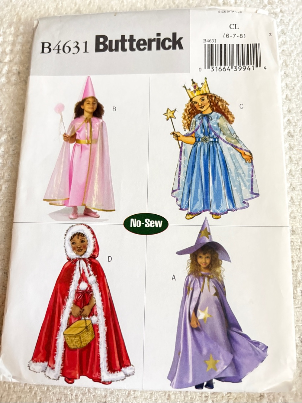 Butterick No Sew Pattern B4613 CL for Girl’s Costumes